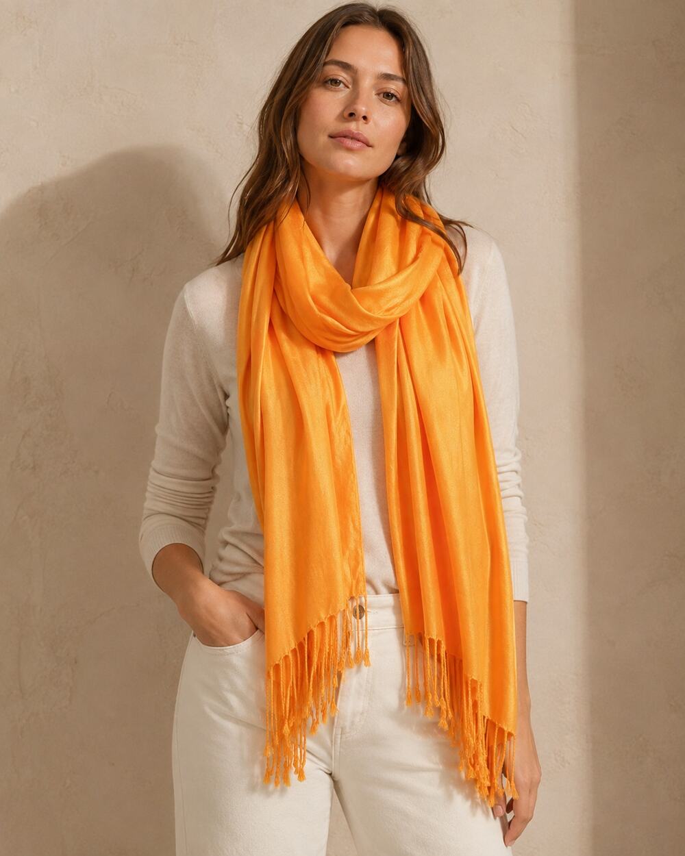 Women Orange Scarf Wrap Shawl Fringe Tassel Soft Lightweight Autumn Boho Classic